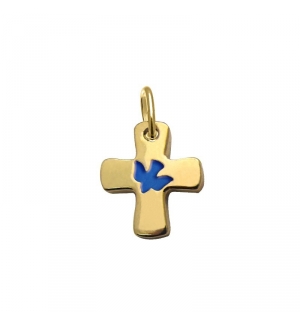 Croix colombe/bleu - laiton 3µm Plaqué Or - 16mm