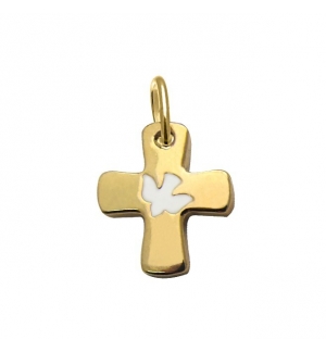 Croix colombe/blanc - laiton 3µm Plaqué Or - 16mm