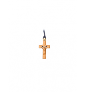 Croix ICTUS sur cordon - bois d'olivier/bleu - 3cm
