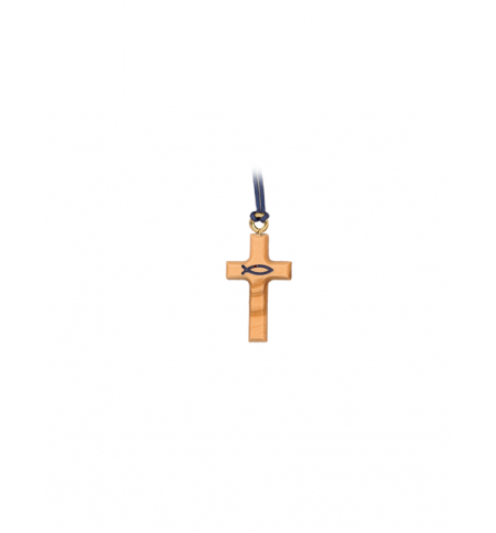 Croix ICTUS sur cordon - bois d'olivier/bleu - 3cm