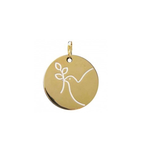Médaille Colombe/rameau - laiton 3µm Plaque Or 18mm Médaille Colombe/rameau - laiton 3µm Plaque Or 18mm