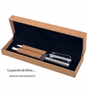 Coffret d'écriture stylo bille + roller métal en liège