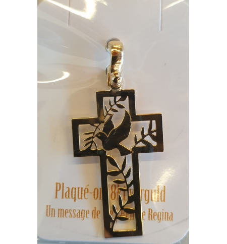 Croix pendentif Colombe/rameaux découpé - argent 925% plaqué or- 18x30mm