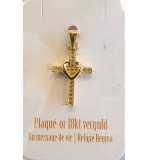 Pendentif croix avec pierre zircone blanc - 17mm - Plaqué-or 3um