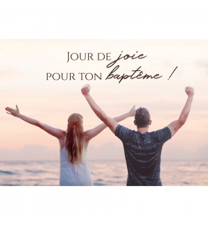 Carte Double Baptême Femme et homme bras levés face mer