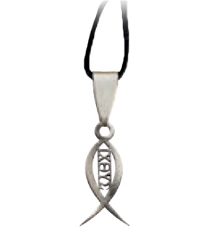 Pendentif Ichthus/découpé - lacet en caoutchouc - 25mm/inox