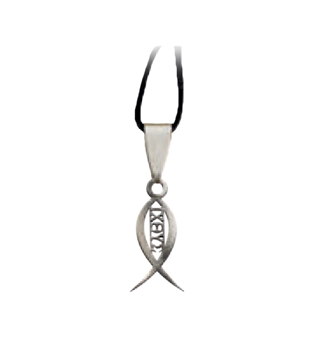 Pendentif Ichthus/découpé - lacet en caoutchouc - 25mm/inox Pendentif Ichthus/découpé - lacet en caoutchouc - 25mm/inox