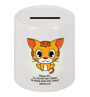 TIRELIRE CERAMIQUE PETIT CHAT LA OU EST TON TRESOR LA…MATT.6,19 