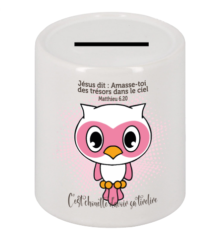 TIRELIRE CERAMIQUE CHOUETTE BLANCHE ROSE AMASSE-TOI DES…MATT.6.20 