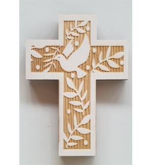 Croix murale bois - colombe avec palmier - 18cm