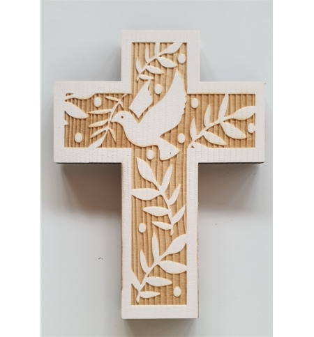 Croix murale bois - colombe avec palmier - 18cm