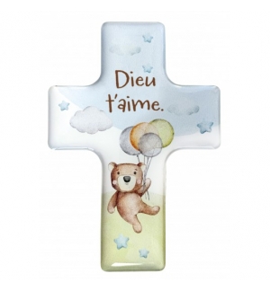 Magnet décoratif croix "Ourson" avec le "Dieu t'aime."