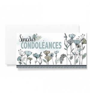 Carte double Fleurs et branches vertes avec le texte Sincères Condoléances. 