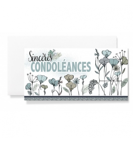 Carte double Fleurs et branches vertes avec le texte Sincères Condoléances. 