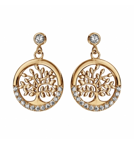 BOUCLES D'OREILLES TIGE PLAQUÉ OR ARBRE DE VIE OXYDES BLANCS SERTIS