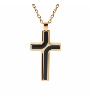 COLLIER ACIER ET PVD JAUNE CHAINE FORCAT AVEC PENDENTIF CROIX 35 X 25MM ET RESIN