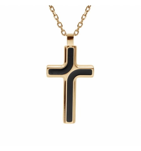 COLLIER ACIER ET PVD JAUNE CHAINE FORCAT AVEC PENDENTIF CROIX 35 X 25MM ET RESIN