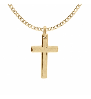 COLLIER ACIER ET PVD JAUNE CHAINE GOURMETTE AVEC PENDENTIF CROIX 33 X 17MM 55+5C