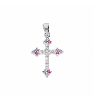 PENDENTIF ARGENT RHODIE CROIX OXYDES BLANCS SERTIS