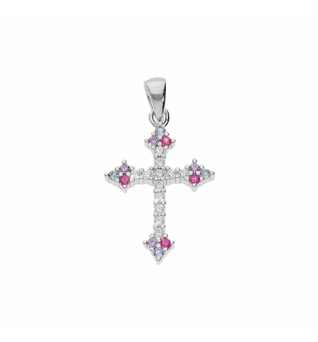PENDENTIF ARGENT RHODIE CROIX OXYDES BLANCS SERTIS