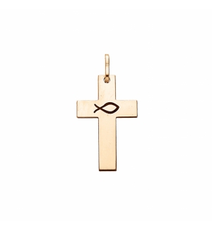 PENDENTIF ARGENT ET DORURE JAUNE CROIX GRUVURE ICHTHUS (POISSON)