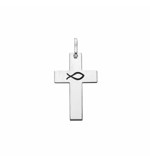 PENDENTIF ARGENT RHODIE CROIX GRAVURE ICHTHUS (POISSON)