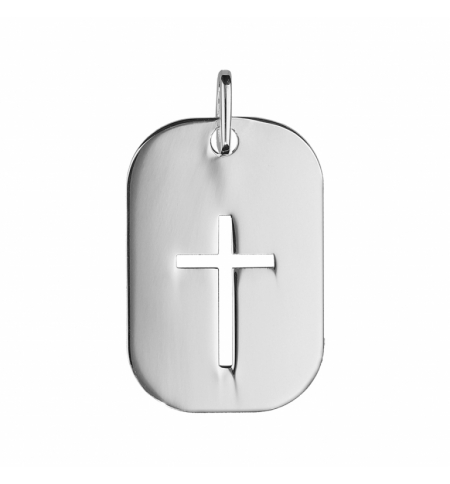 PENDENTIF ARGENT RHODIE PLAQUE RECTANGULAIRE AVEC CROIX AJOUREE