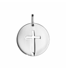PENDENTIF ARGENT RHODIE MEDAILLE RONDE AVEC CROIX AJOUREE