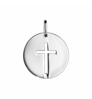 PENDENTIF ARGENT RHODIE MEDAILLE RONDE AVEC CROIX AJOUREE