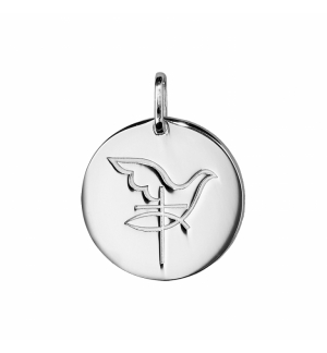 PENDENTIF ARGENT RHODIE MEDAILLE RONDE COLOMBE AVEC CROIX