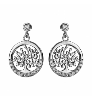 BOUCLES D'OREILLES TIGE ARGENT RHODIE ARBRE DE VIE OXYDES BLANCS SERTIS