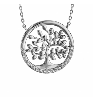 COLLIER ARGENT RHODIE ARBRE DE VIE OXYDES BLANCS SERTIS 40+5CM