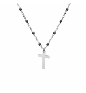 COLLIER ARGENT RHODIE BOULES RÉSINE NOIRES AVEC CROIX 40+5CM