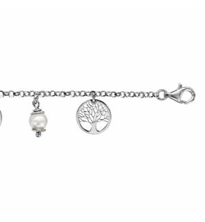 BRACELET ARGENT RHODIE 5 PAMPILLES RONDELLES ARBRE DE VIE ET 4 PERLES IMITATIONS