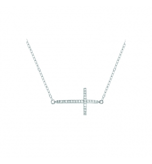 COLLIER ARGENT RHODIE GRANDE CROIX COUCHEE OXYDES MICRO SERTIS 43+2CM