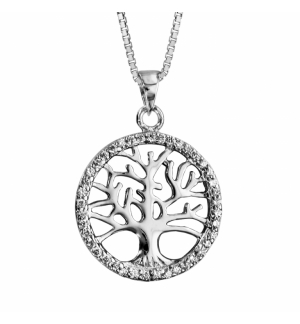 COLLIER ARGENT RHODIE ARBRE DE VIE OXYDES BLANCS SERTIS 42+3CM