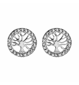 BOUCLES D'OREILLES TIGE ARGENT RHODIE ARBRE DE VIE OXYDES BLANCS SERTIS