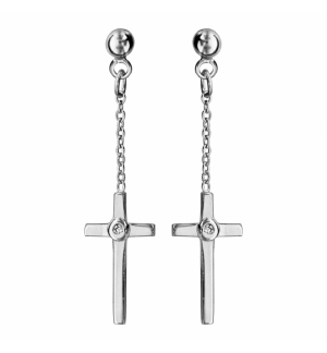 BOUCLES D'OREILLES TIGE ARGENT RHODIE PENDANTE CROIX COUCHEE 1 OXYDE BLANC
