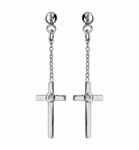 BOUCLES D'OREILLES TIGE ARGENT RHODIE PENDANTE CROIX COUCHEE 1 OXYDE BLANC