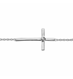 BRACELET ARGENT RHODIE CROIX COUCHEE 1 OXYDE BLANC 15,5+2CM