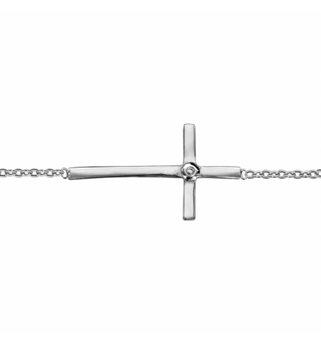 BRACELET ARGENT RHODIE CROIX COUCHEE 1 OXYDE BLANC 15,5+2CM