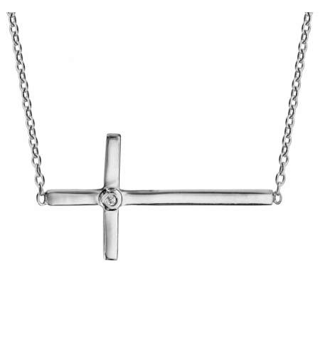 COLLIER ARGENT RHODIE CROIX COUCHEE 1 OXYDE BLANC 39,5+3CM 