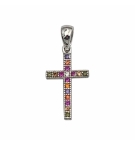 PENDENTIF CROIX ARGENT RHODIE EMPIERREE MULTI COULEUR DIM 15 MM X 9 MM
