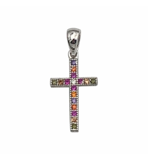 PENDENTIF CROIX ARGENT RHODIE EMPIERREE MULTI COULEUR DIM 15 MM X 9 MM
