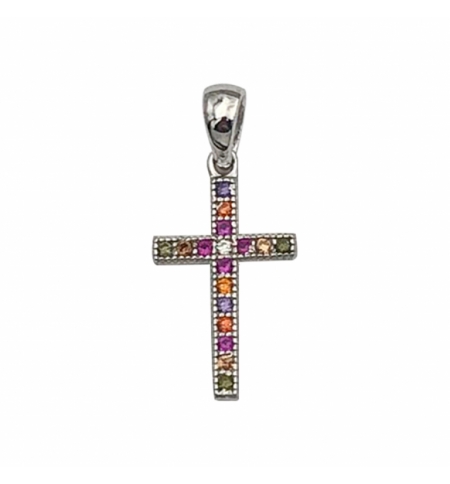 PENDENTIF CROIX ARGENT RHODIE EMPIERREE MULTI COULEUR DIM 15 MM X 9 MM PENDENTIF CROIX ARGENT RHODIE EMPIERREE MULTI COULEUR DIM 15 MM X 9 MM