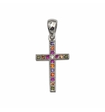 PENDENTIF CROIX ARGENT RHODIE EMPIERREE MULTI COULEUR DIM 15 MM X 9 MM