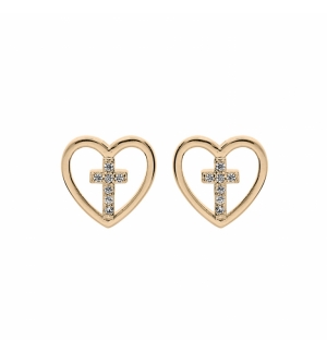 BOUCLES D'OREILLES TIGE PLAQUÉ OR COEUR AVEC CROIX OXYDES BLANCS SERTIS