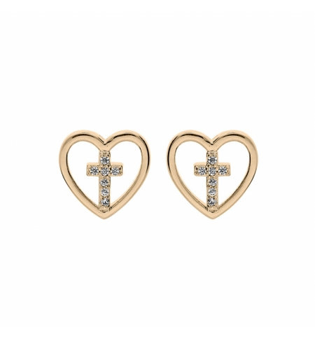 BOUCLES D'OREILLES TIGE PLAQUÉ OR COEUR AVEC CROIX OXYDES BLANCS SERTIS