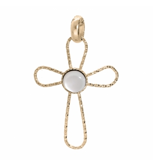 PENDENTIF PLAQUÉ OR CROIX CABOCHON NACRE VÉRITABLE
