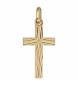 PENDENTIF MOYENNE CROIX PLAQUÉ OR "GRAVURE ASPECT BOIS"